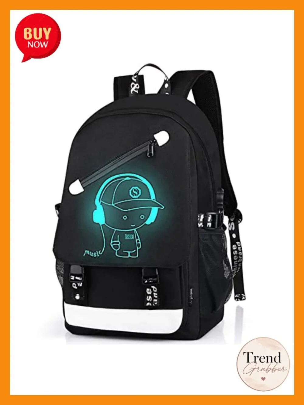 Cartoon Luminous Backpack with USB Charging Port, Anti-theft Lock, 15.6 Inch